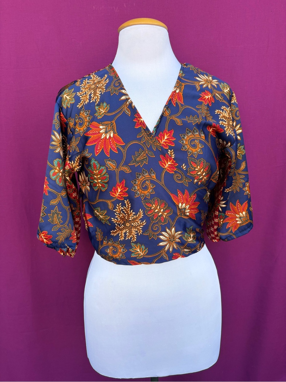 Boho Floral Satin Tie Front Crop Top Blue Orange Festival Small